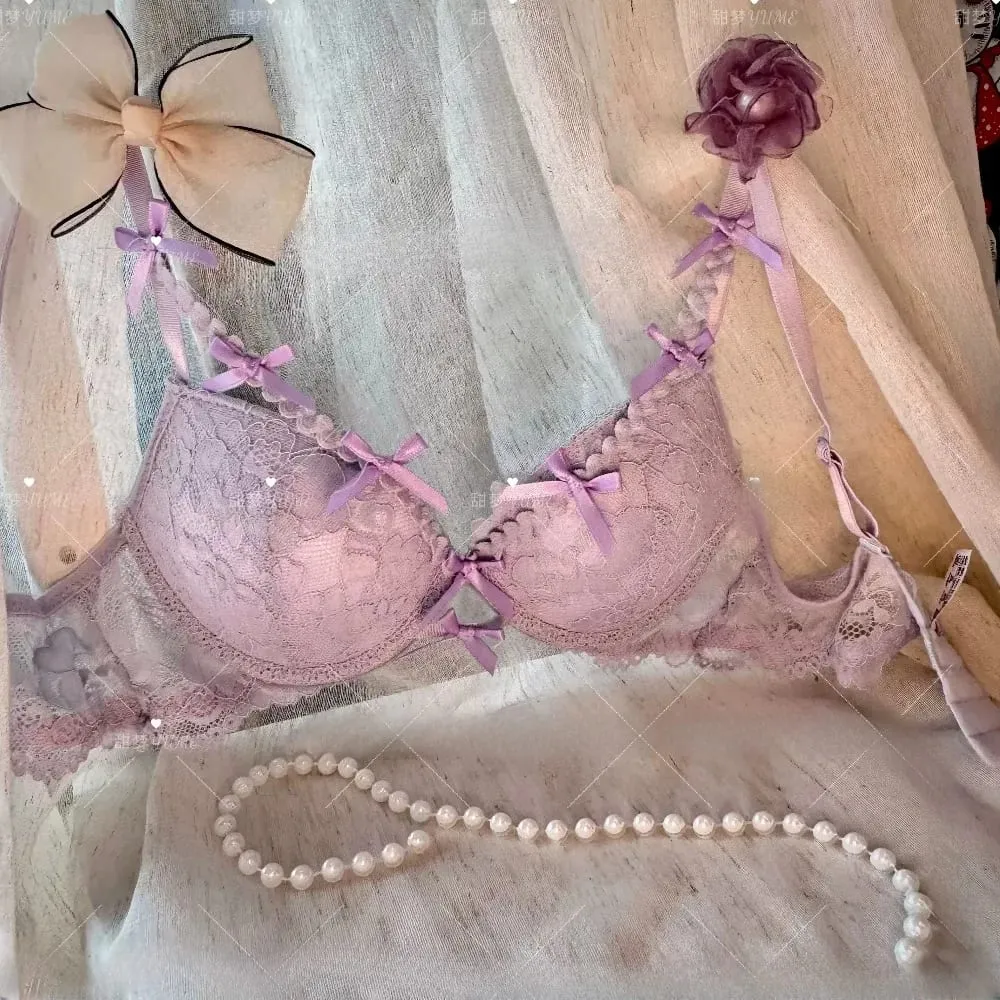 Ladies Halter Neck Bra Set Purple Cross Strap Butterfly Detail Push Up Lingerie Suit 32-38AB Daily Fashion Inner Wear