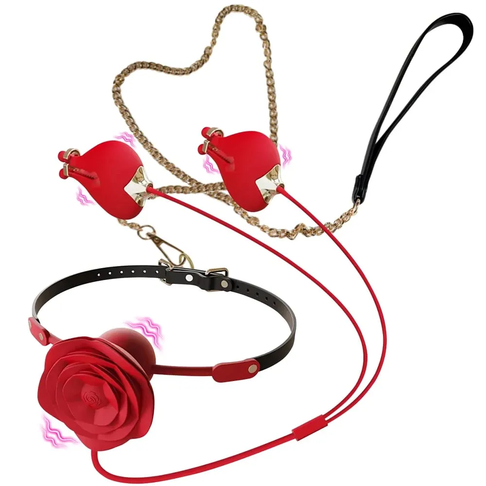 Forced Orgasm New Rose Mouth Ball Collar Leash Nipple Clamp Vibrator BDSM Couple Foreplay Masturbation Silicone Sex Toy Set — image 1