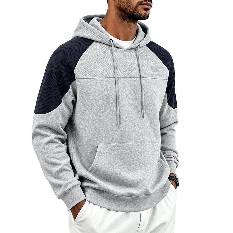 Autumn Winter Men Color Block Raglan Hoodie Textured Chest Panel Drawstring Kangaroo Pocket Loose Casual Streetwear Sweatshirt — image 28