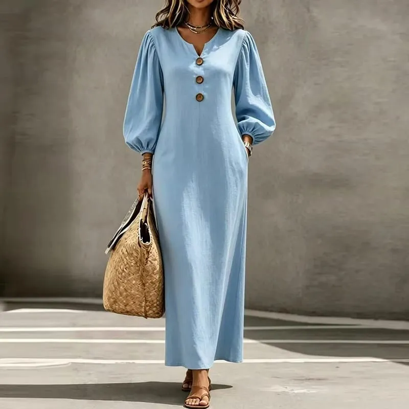 Vintage Casual Long Dress Women V Neck Wrist Puff Sleeve Loose Beach Holiday Dresses Women Casual Button Up Maxi Dresses Robe — image 5