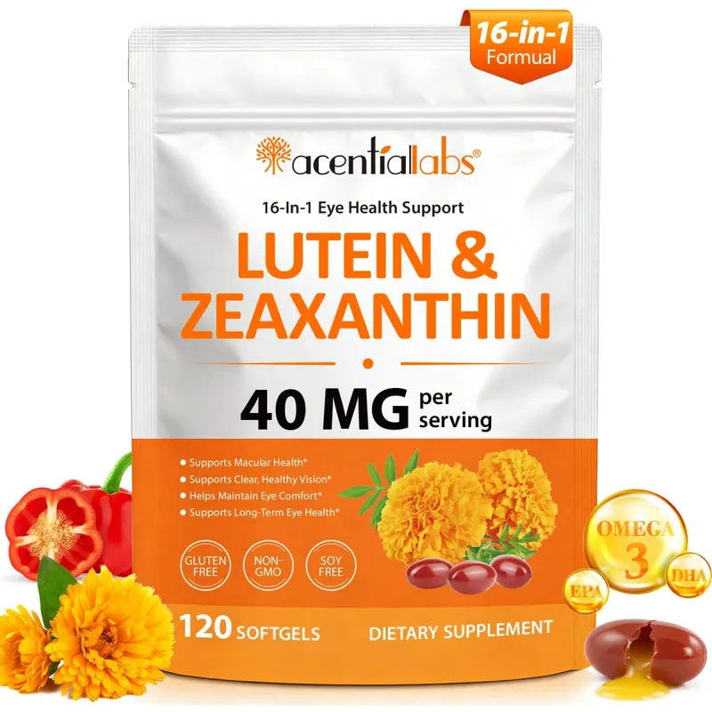 Acentiallabs Lutein Zeaxanthin Softgels 40mg Lutein & 8mg Zeaxanthin 120 นับตัวกรองแสงสีฟ้า Macular Protection Eye Care