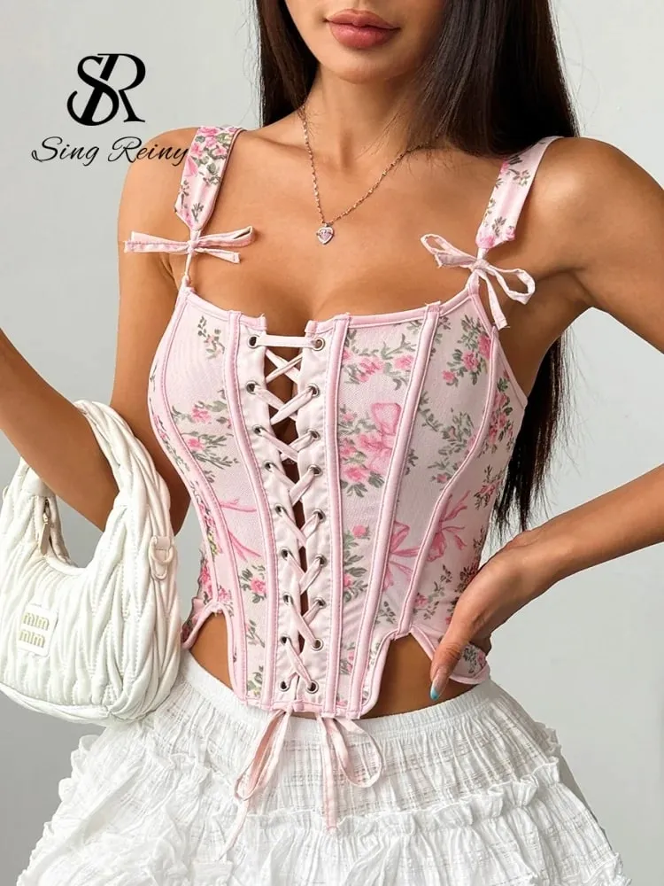 Strap Holiday Floral Corset Top 2026 New Arrival Lace Up Sexyl Shapewear Top Frenc Irregular Bohemian Print Camisole — image 5
