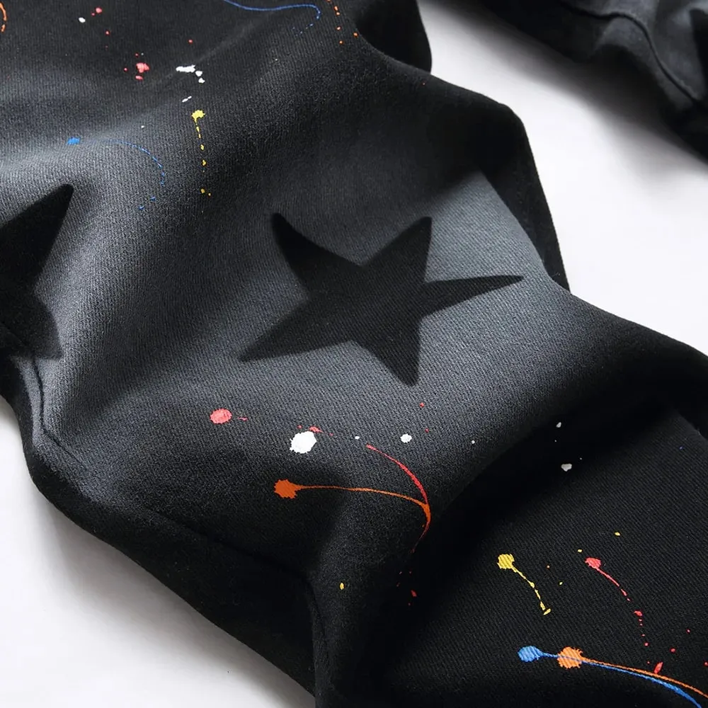Men Star Painted Denim Jeans Casual Graffiti Print Slim Straight Pants Black Stretch Cotton Spandex Trousers — image 4
