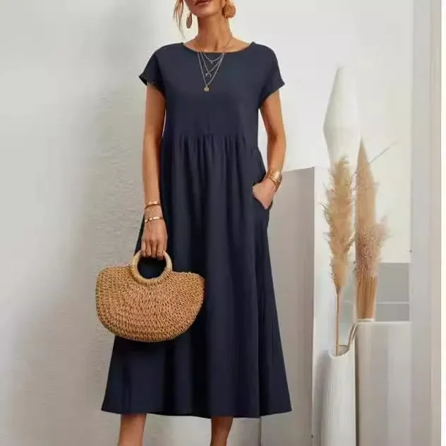 Premium Elegant Solid Cotton Linen Dress Summer Midi with Pockets Loose Fit Casual Crew Neck Short Sleeve for Beach Travel — image 2