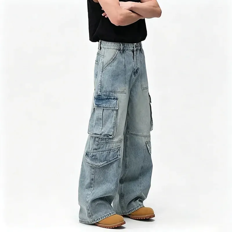 Men'S Spring And Summer Multi Pocket Workwear Design Jeans Retro Washed Japanese And Korean Casual Pants Loose Wide Leg Pants