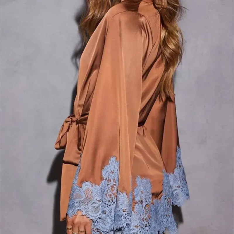 Sexy Chic Brown Lace Satin Womens Dress Spring Deep V Neck Hollow Mini Dress Autumn Long Sleeve Sashes Homewear Night Gown