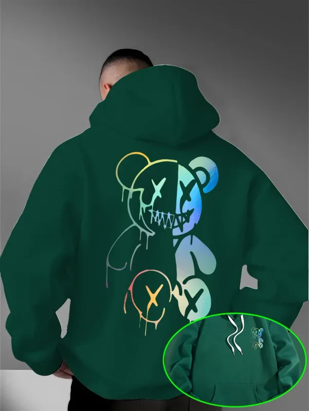 Loose Oversized Men Hoodies Holographic Split Evil Bear Front Back Dual Print Pullover Sweatshirt Dark Street Daily Hooded Tops
