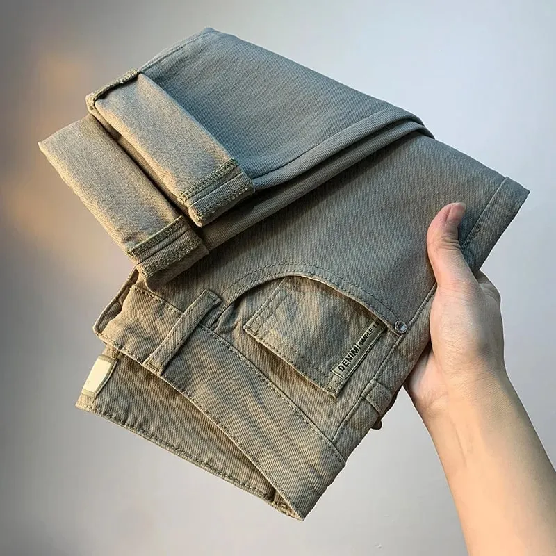 Calças de brim masculinas de luxo leve 2025 verão fino estiramento cônico pequeno perna reta casual versátil denim calças de cor sólida — image 4