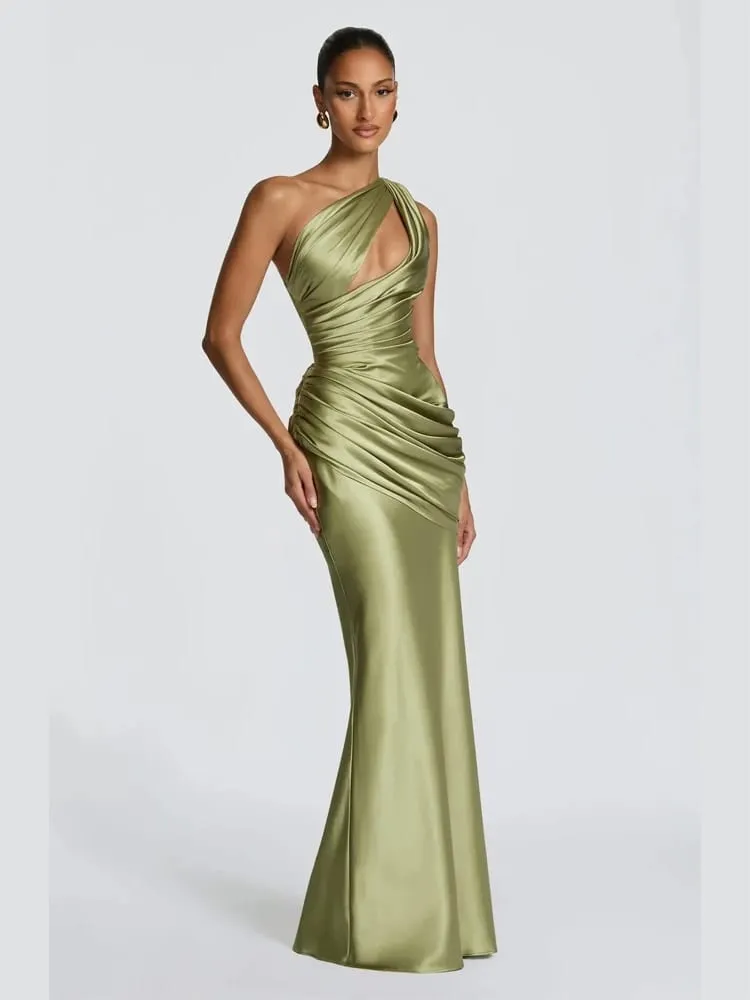 Satin One Shoulder Cutout Long Dress Women Elegant Solid Ruched Mermaid Slim Fit Flowy Vestido 2026 Lady Summer Evening Dresses — image 3