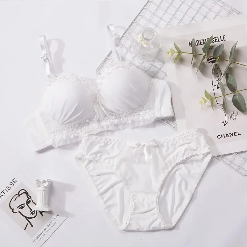 Women Lingerie Set Soft Memory Wire Ruffle Lace Bow Decor Intimate Underwear Suit No Pads Thin Breathable Adjustable Straps