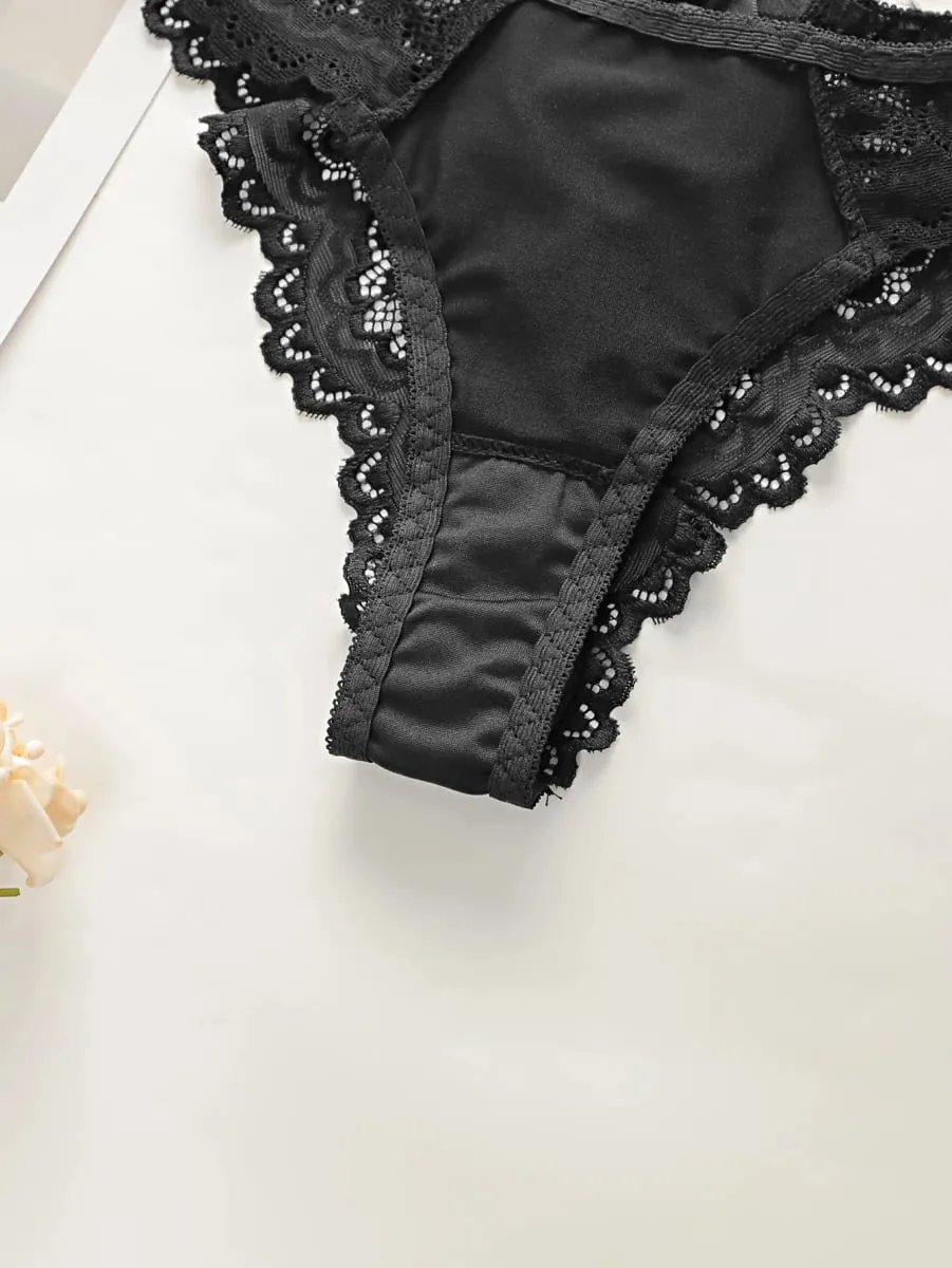 fashion Black bow lace thong set solid color daily 2-piece set sexy underwear set push up bra set B1111 — image 6