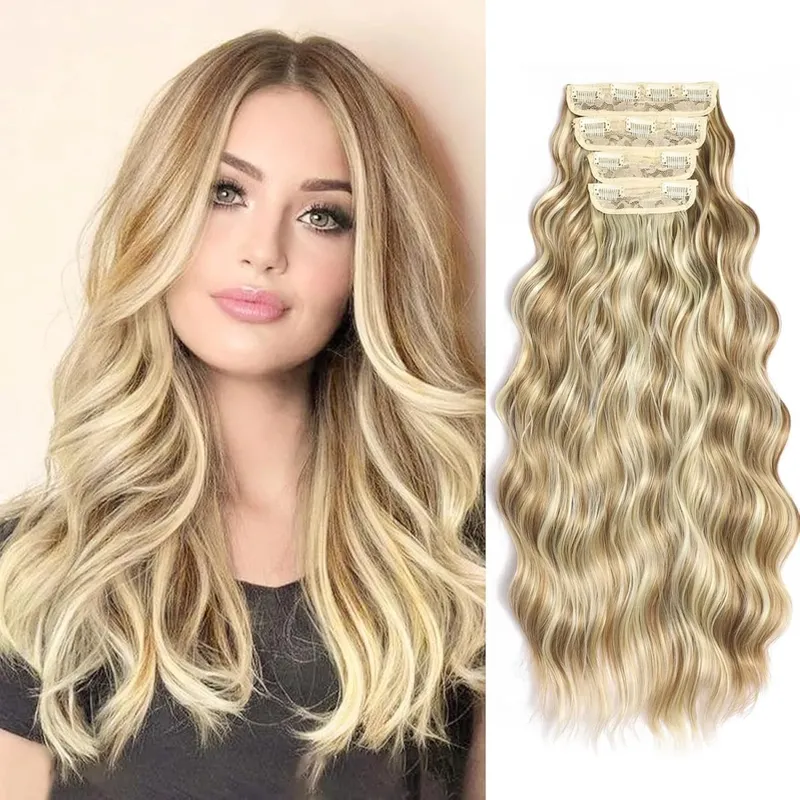 4Pcs/Set Synthetic Hair Clip In Hair Extensions 24Inch Long Wavy Thick Hairpieces For Women Full Head Ombre Hairpiece — image 8