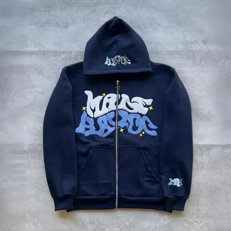 Zipper hooded sweatshirt with retro American letters suitable for men and women wearing Y2K jacket autumn/winter cardigan — image 4