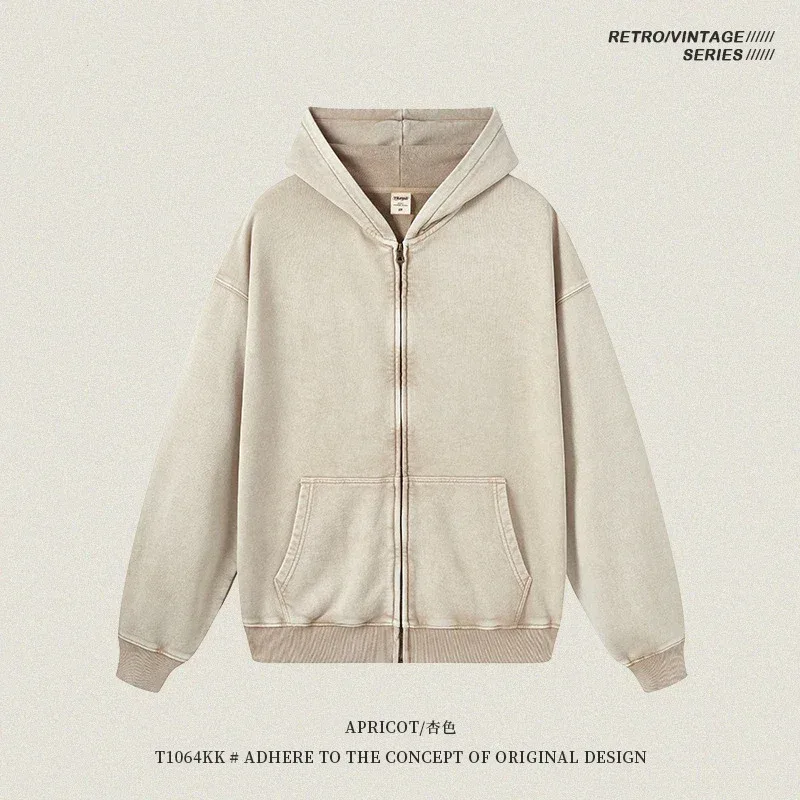 Retro Autumn Batik Washed Zipper Hoodie For Men Unisex Oversized Distressed 420gsm Terry 100% Cotton Hooded Coats HY0936 — image 25