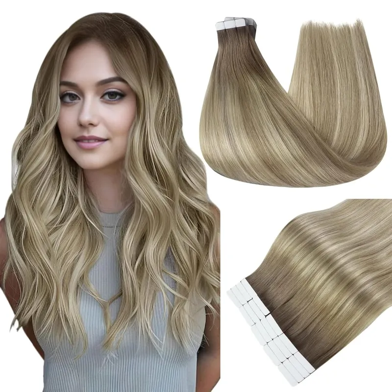 Full Shine Tape in Hair Extensions Balayage Tape ins Human Hair Extensions 20Pcs 50G Ombre Seamless Remy Skin Weft Hair — image 8