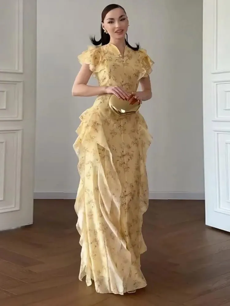Floral Print Stand Collar Ruffled Tiered Dress Waist Cinched Flutter Sleeve 2026 Summer Women Dress Casual Delicate Lady Vestido — image 7