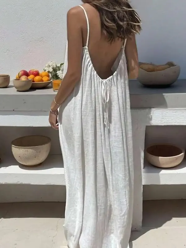 Women's Solid Color Backless Cami Dress Summer Sexy Loose Long Dress Casual Backless Lace-Up Robe Femme Party Dresses Home Wear — image 8