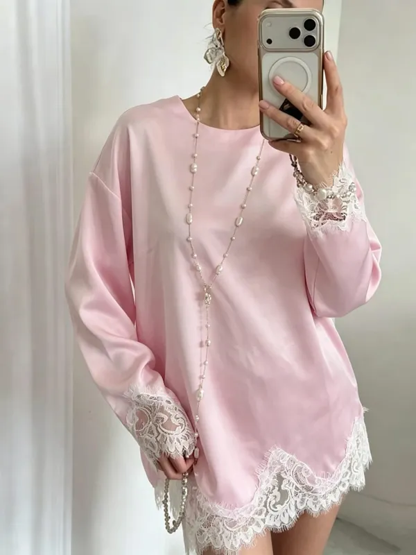Women Light Blue Lace Satin Round Neck Dress Elegant Side Tie Long Sleeve Soft Short Gown 2026 Daily Vacation Party Sundress — image 4