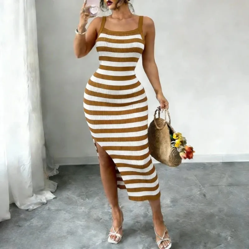 Red Black Striped Spaghetti Strap Maxi Dress Women's Stretchy Knit Bodycon Long Dress Sexy Summer Beach Party Dress Outfits — image 4