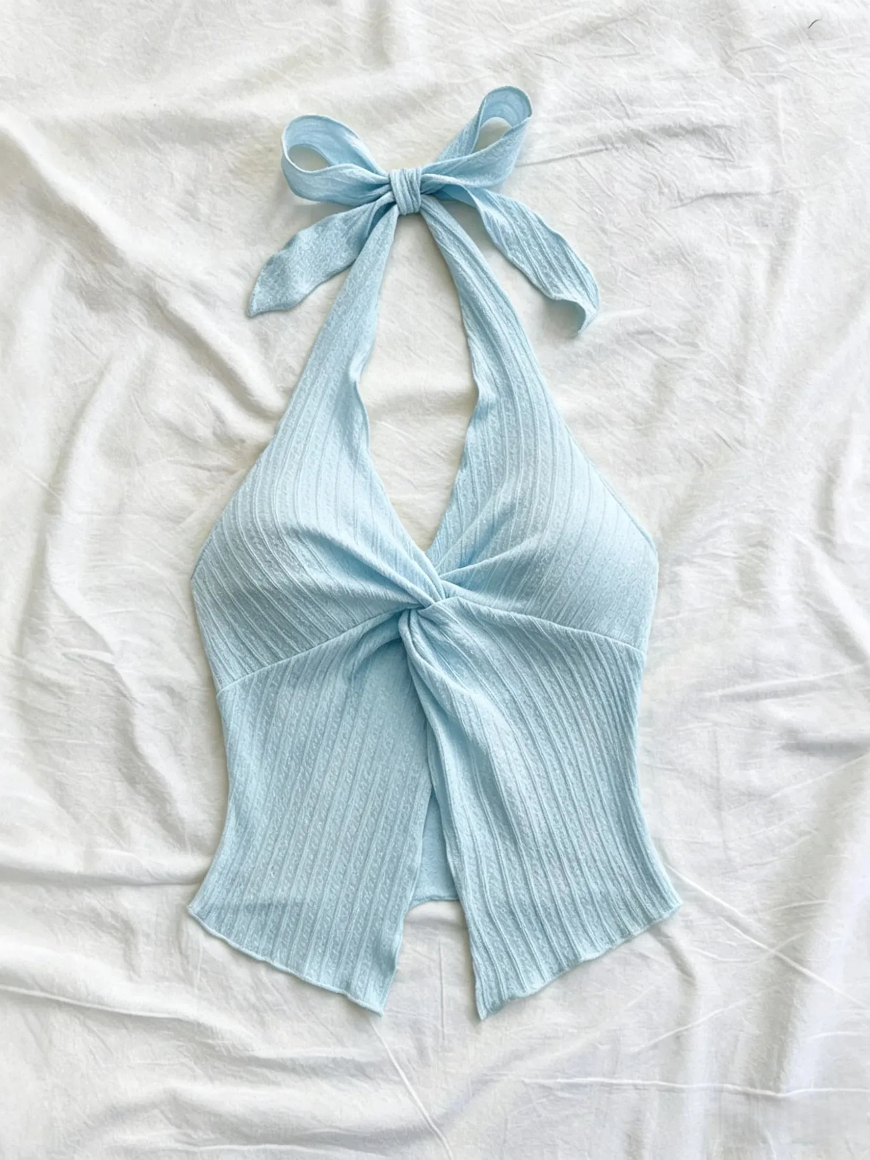 Sexy V-neck Halter Neck Crop Top for Women Summer Sleeveless Solid Split Backless Top Y2K Clothes