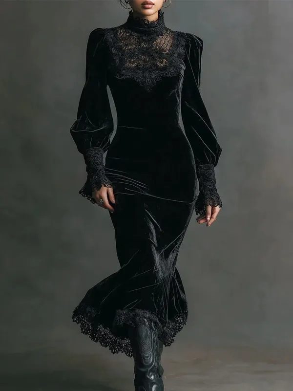 Retro Autumn Winter Velvet Maxi Dresses Gothic Lace Patchwork Bodycon Dress Women Elegant Lantern Sleeve Party Gown Slim
