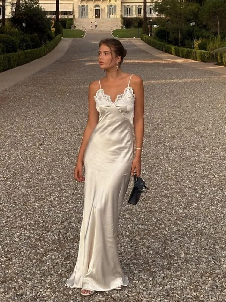 Sexy Women V-neck Satin Sling Maxi Dress Chic White Lace Patchwork Sleeveless Backless Slim Long Gown Chic Evening Party Dresses — image 2