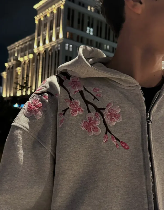 Y2K Vintage Oversized Cherry Blossom Embroidered Hooded Jacket Mens Womens Pink Zipper Coat Harajuku Hip Hop Graphic Streetwear