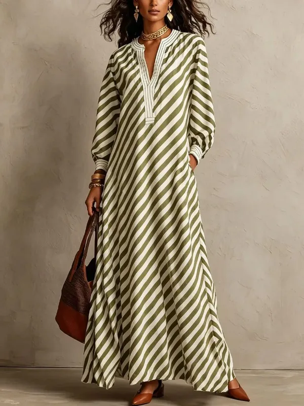 Fashion Stripe Print Maxi Dress 2026 Autumn Winter Women V‑Neck Long Sleeve Loose Casual Long Dresses Holiday Beach Boho Dress — image 9