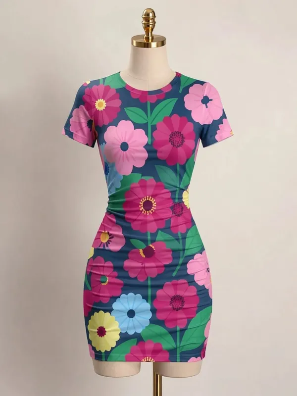 Womens Short Sleeve Bodycon Mini Dress Slim Fit Crew Neck Floral Print Casual Summer Party Cute Comfy Vacation Vacation Sundress — image 10