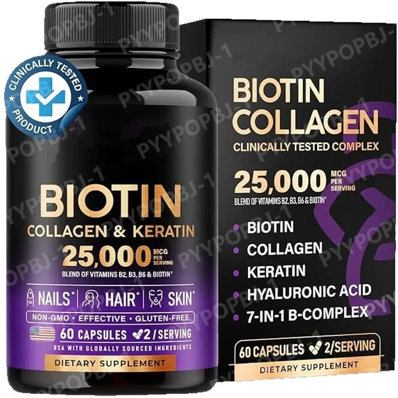 Biotin Capsules Contain Collagen and Vitamin B2 B3 B6 & B7 for Women Men Hair Care Supplements Skin & Nails Support 60 Pieces — image 6