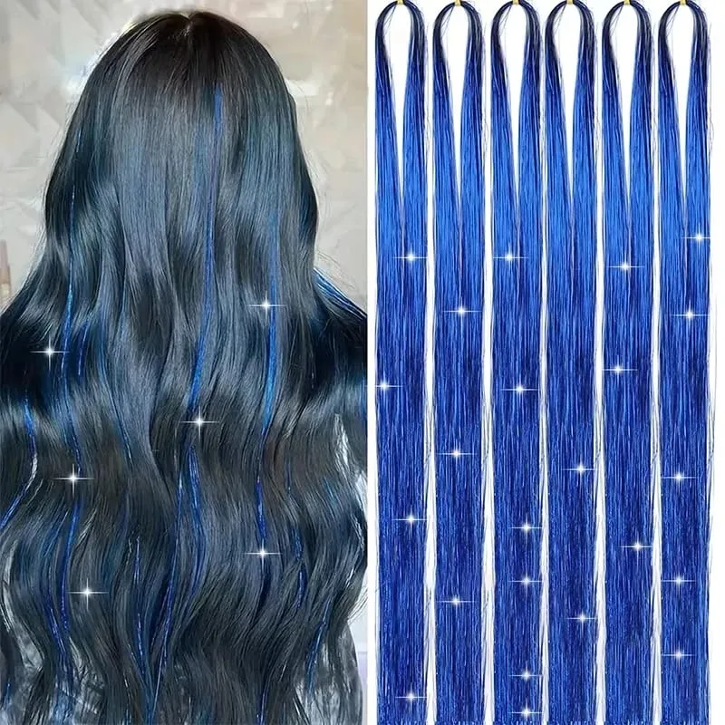 6pcs/set 38Inch Long Sparkling Fairy Hair Tinsel Rainbow Extensions Suitable for Braids Ponytails Shiny Strands Accessories
