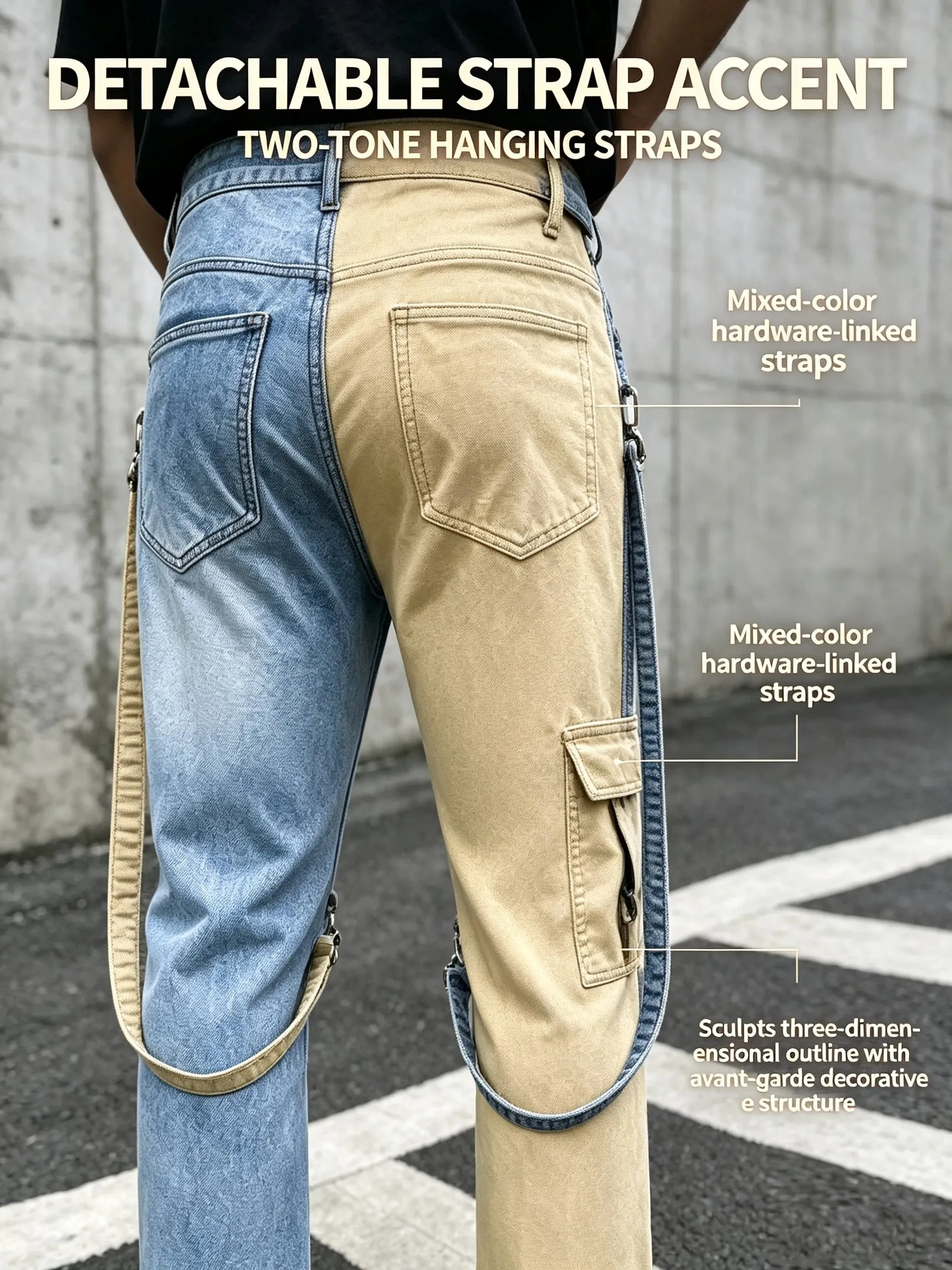 Y2K τζιν για άντρες Techwear ρετρό παντελόνι Cargo Παντελόνι τζιν με μπότα με ανοιχτόχρωμο λουράκι με αντίθεση — image 4