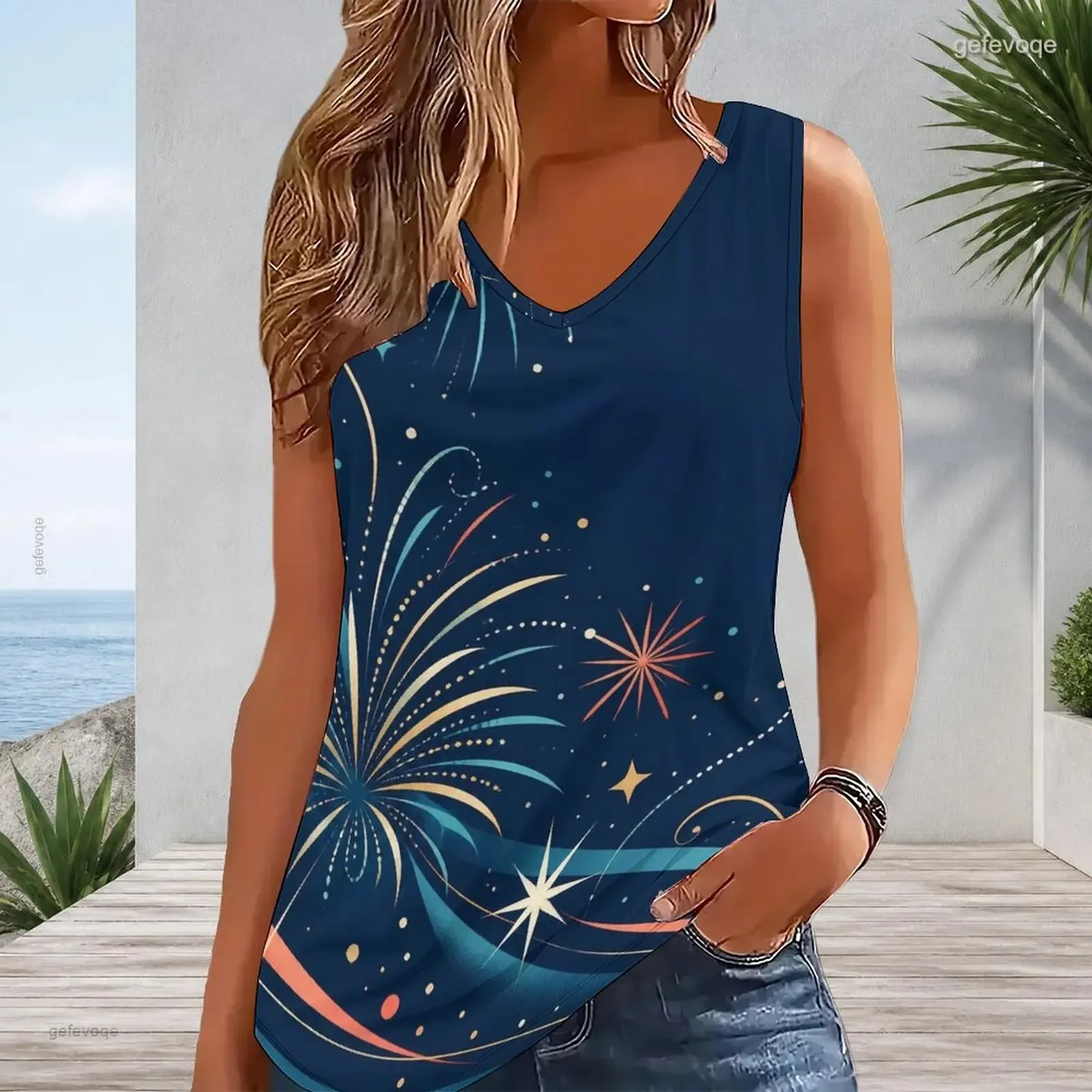 Women V Neck Sleeveless Tank Top Contrast Trim Loose Fit Casual Vest Custom Print Ladies Daily Summer Tops — image 4
