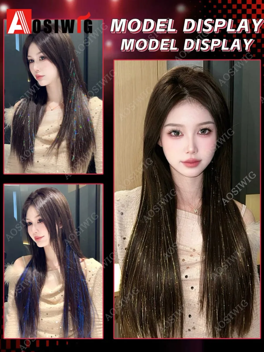 Blue Glitter Tinsel Clip in Hair Extensions One Piece Straight Synthetic Hairpiece with Sparkle Strands for Women Party Daily — image 7