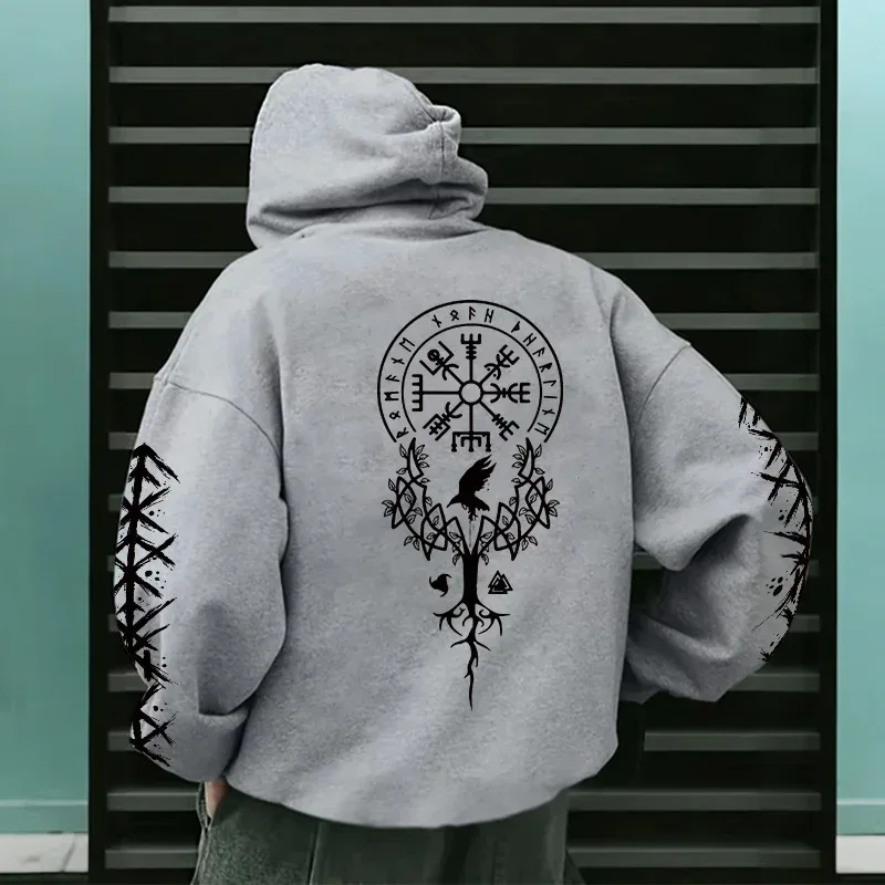 Winter and Autumn Edition Viking Nordic Runes Printed Men's Large-Sized Hooded Sweatshirt for Street Casual Wear