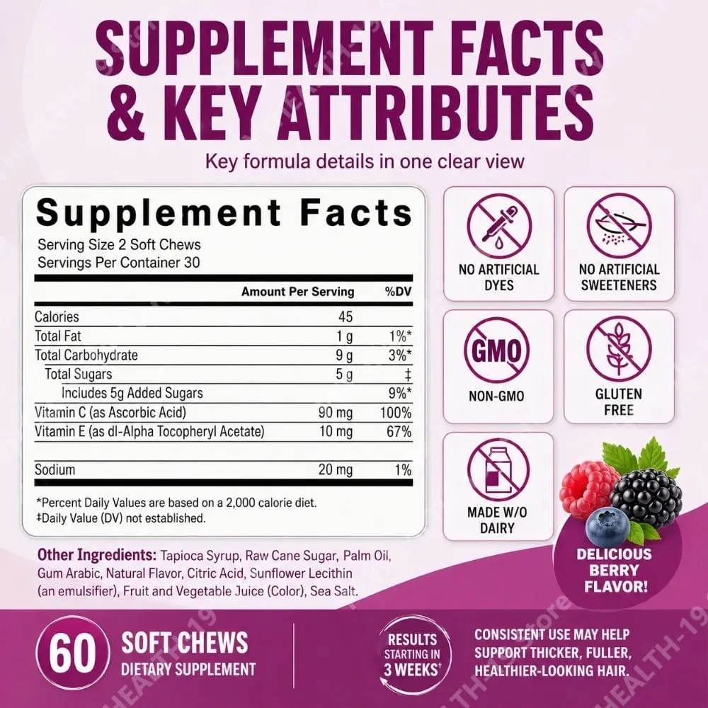 Hair Growth Soft Chews – Vitamin C & E Supplement for Thicker Fuller & Healthier-Looking Hair – Berry Flavor – 60 Soft Chews — image 3
