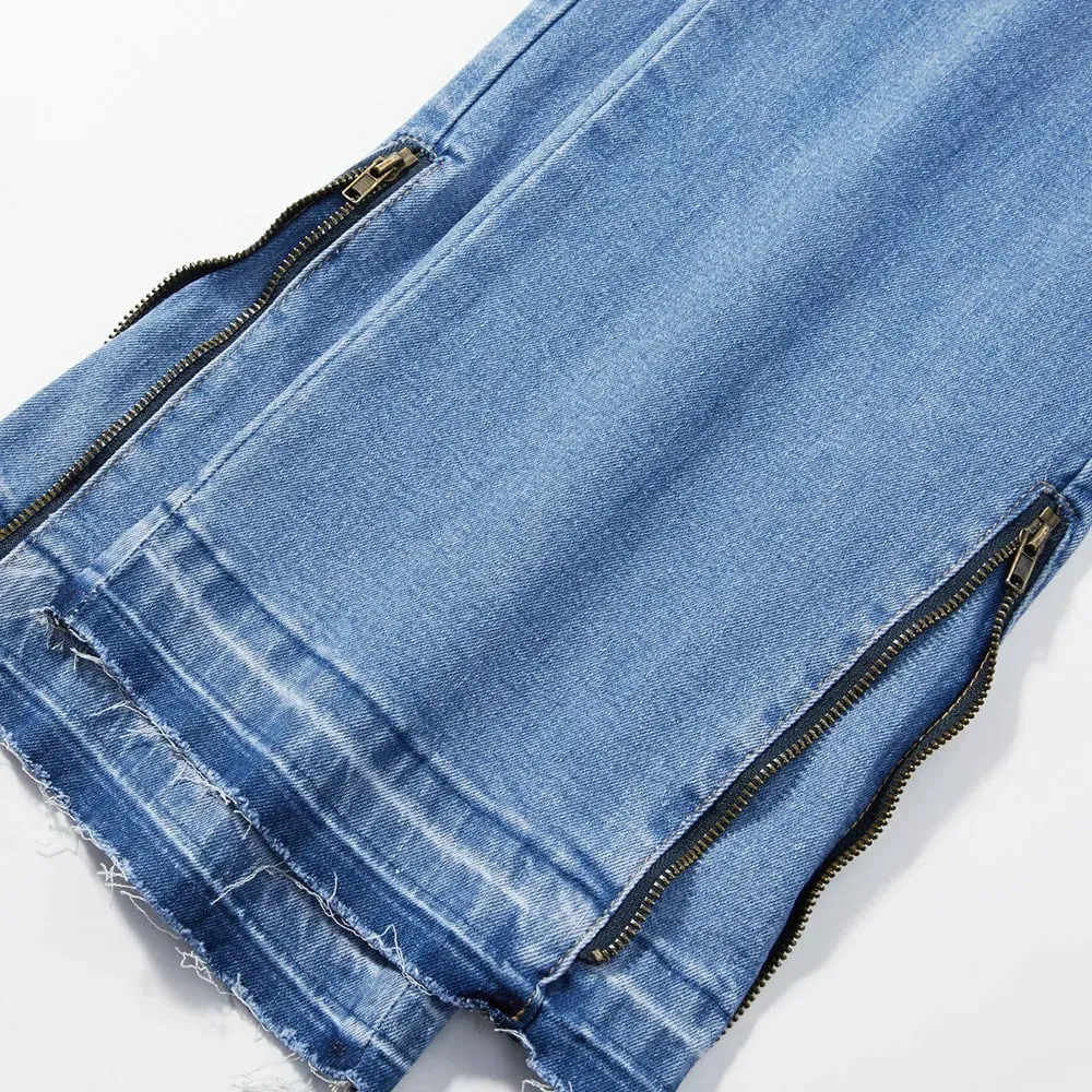 Men's Boot Cut Denim Jeans Streetwear Bottom Zipper Released Hem Pants Pure Color Blue Black Cotton Spandex Trousers — image 5