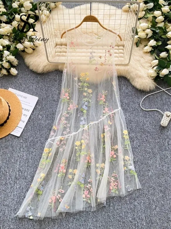 Holiday Floral Embroidery Long Dress 2026 Women O Neck Sleeveless Loose Irregular Summer French Mesh Bohemian Sundress