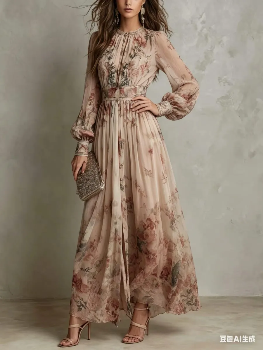 Elegant Long Sleeve Chiffon Long Dresses For Women 2026 Fashion Floral Print Slim Party Maxi Dress Casual — image 4