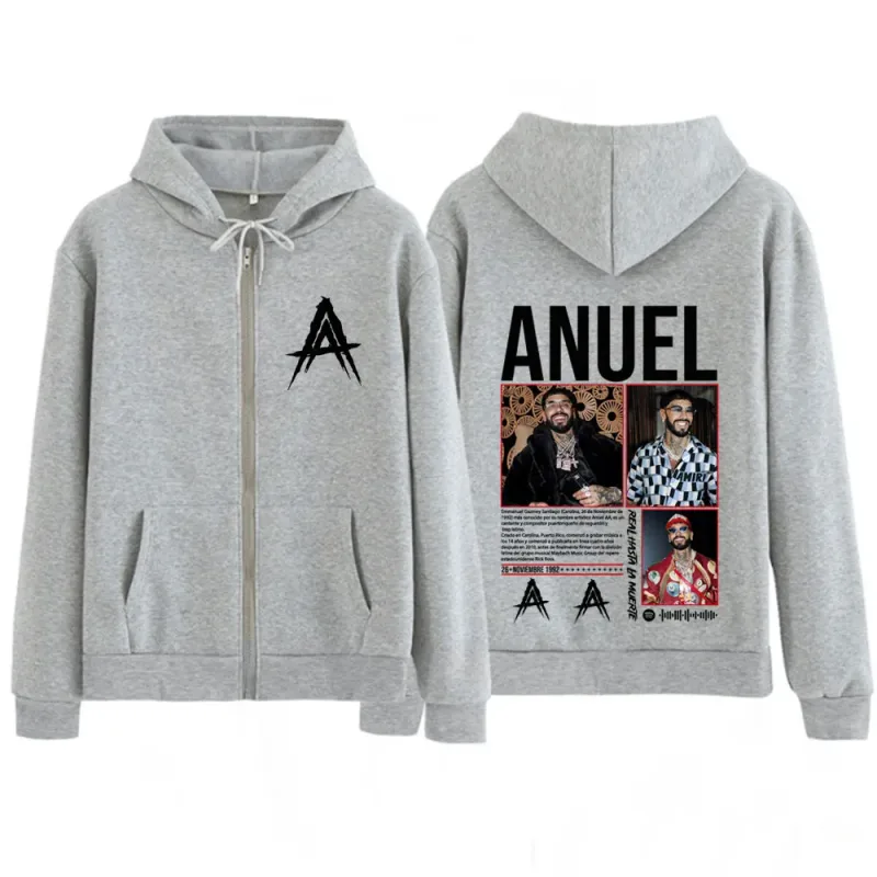 Rapper Anuel AA Album Tour 2025 Vintage Graphic Zipper Hoodie Men Women Fashion Long-sleeved Casual Hip-hop Zip Up Sweatshirts — image 9