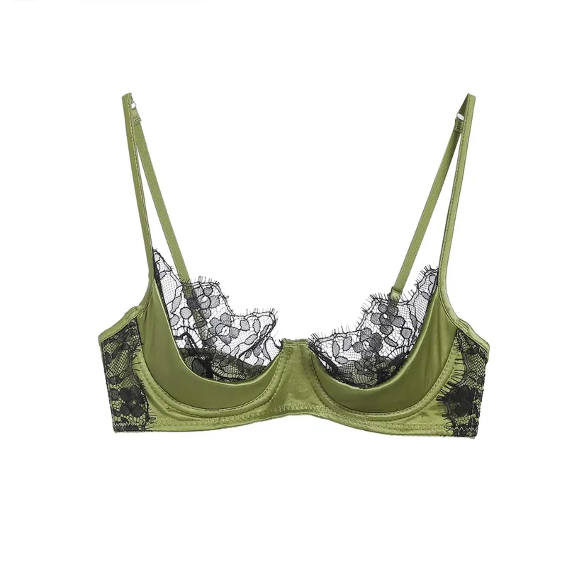 Half Cup Lingerie Set Women Green French Lace Ultra Thin Sheer Soft Comfortable Underwire Bra Small Bust 32‑38AB Set — image 10