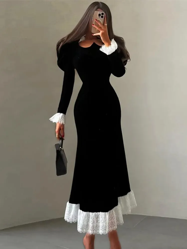 Full Sleeve Lace Patchwork Velvet Maxi Dress Women Elegant Stand Collar Puffed Slim Long Sexy Gowns Lady Evening Dinner Dresses — image 3