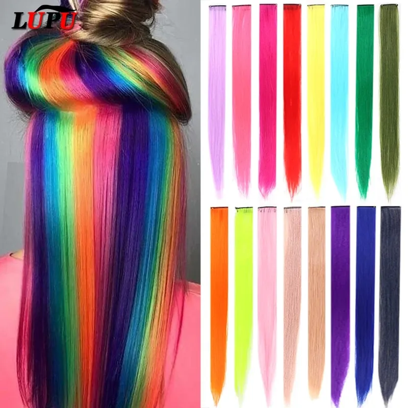 Synthetic Clip Hair Extension 22 Inch Long Straight Colored Rainbow Highlight Hair Pieces For Women Natural False Fake Hair