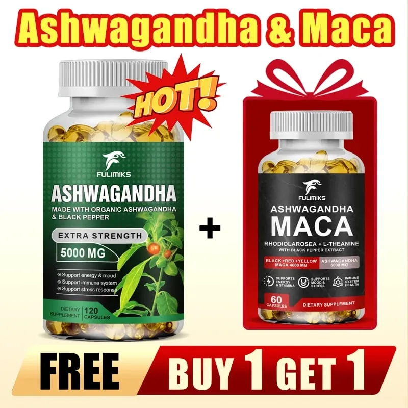 【1개 구매 시 1개 무료】KSM 66 Ashwagandha 뿌리 추출물 캡슐 5000mg(MACA 함유) - 수면 건강 스트레스 집중 두뇌 에너지 지원 — image 1