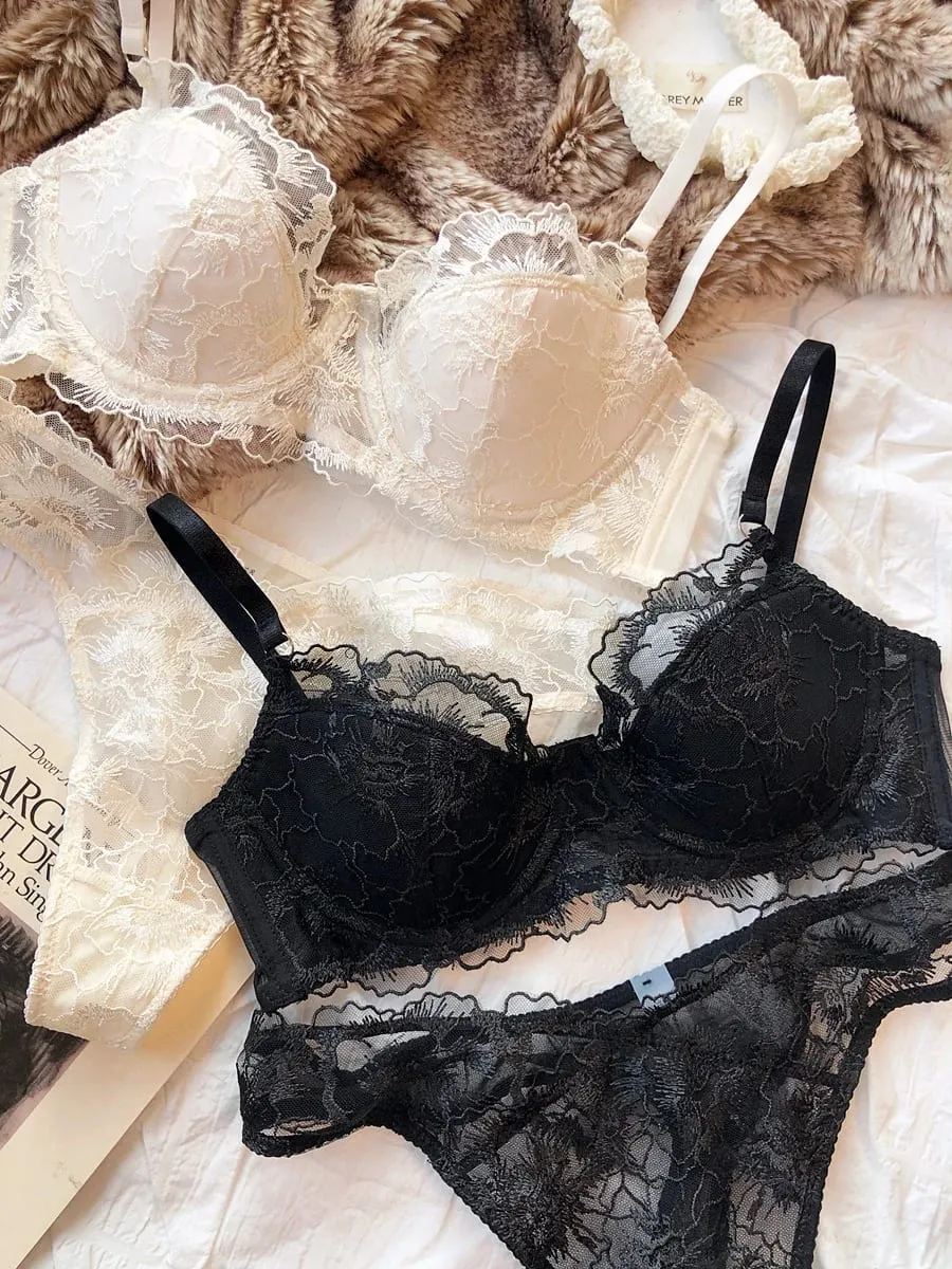 Sexy Women Underwear Set Lace Flowers Embroidery Push Up Bra Set French Thin Cup Comfort Breathable Lingerie Ladies Intimates — image 5