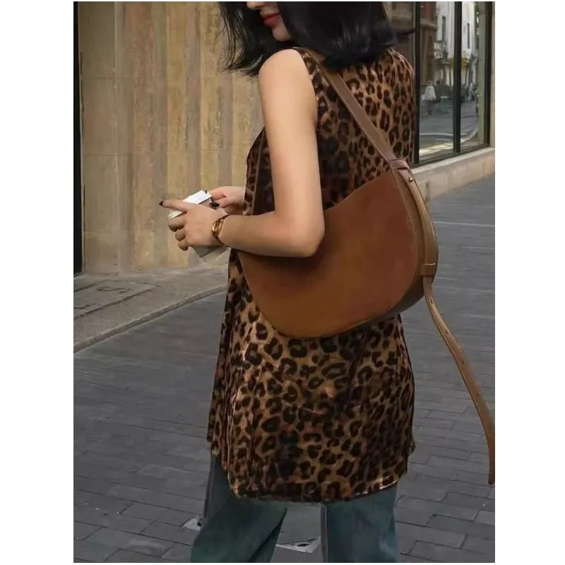 High Street Leopard Printing V Neck Sleeveless Tanks Women Clothing New Casual Youth All-match T Shirt Tops Fashion Sexy Summer