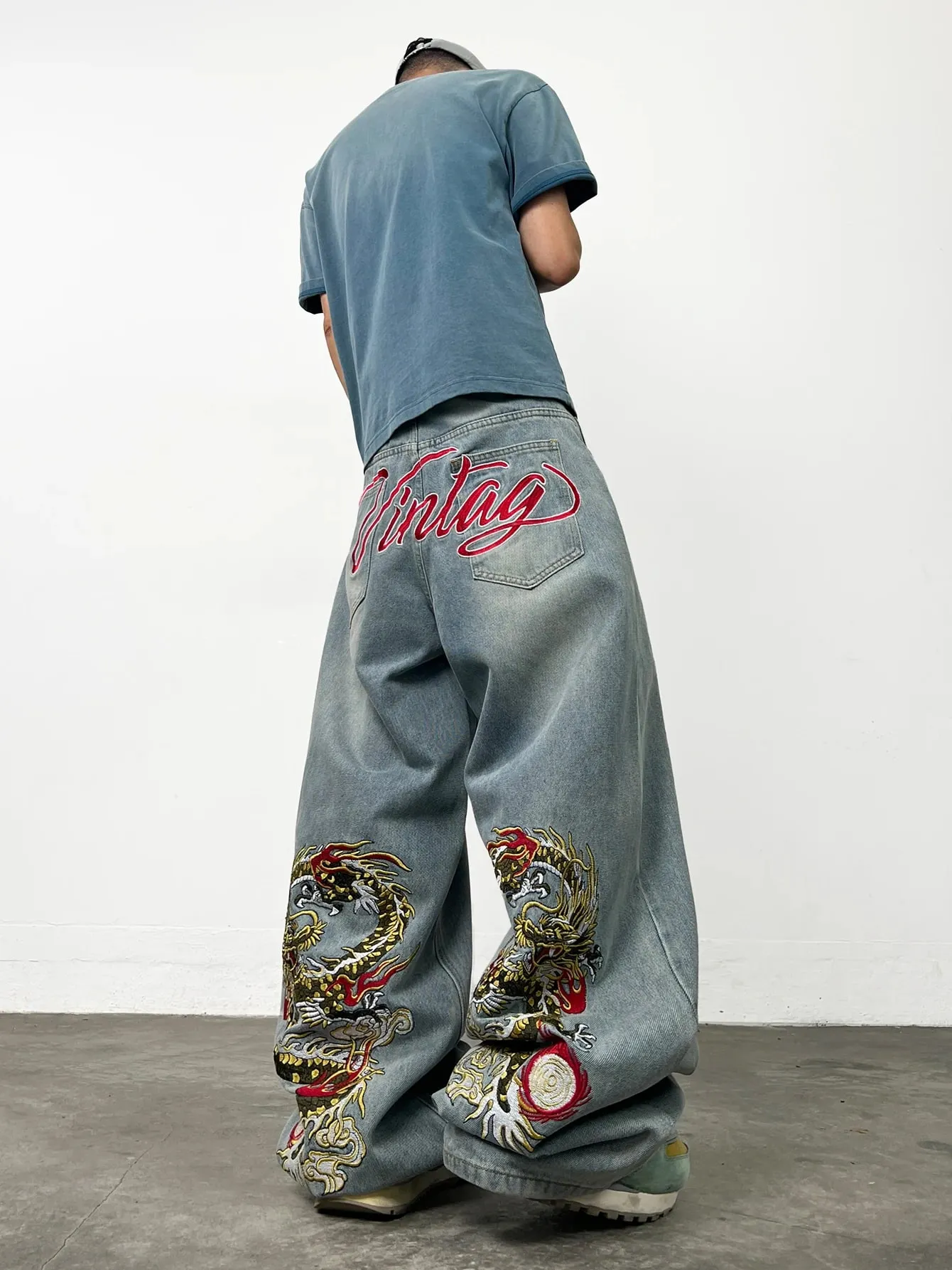American Retro Dragon Art Embroidery Blue Baggy Jeans Men's Y2K Washed Street Hip-Hop Fashion Versatile Straight Wide-Leg Pants