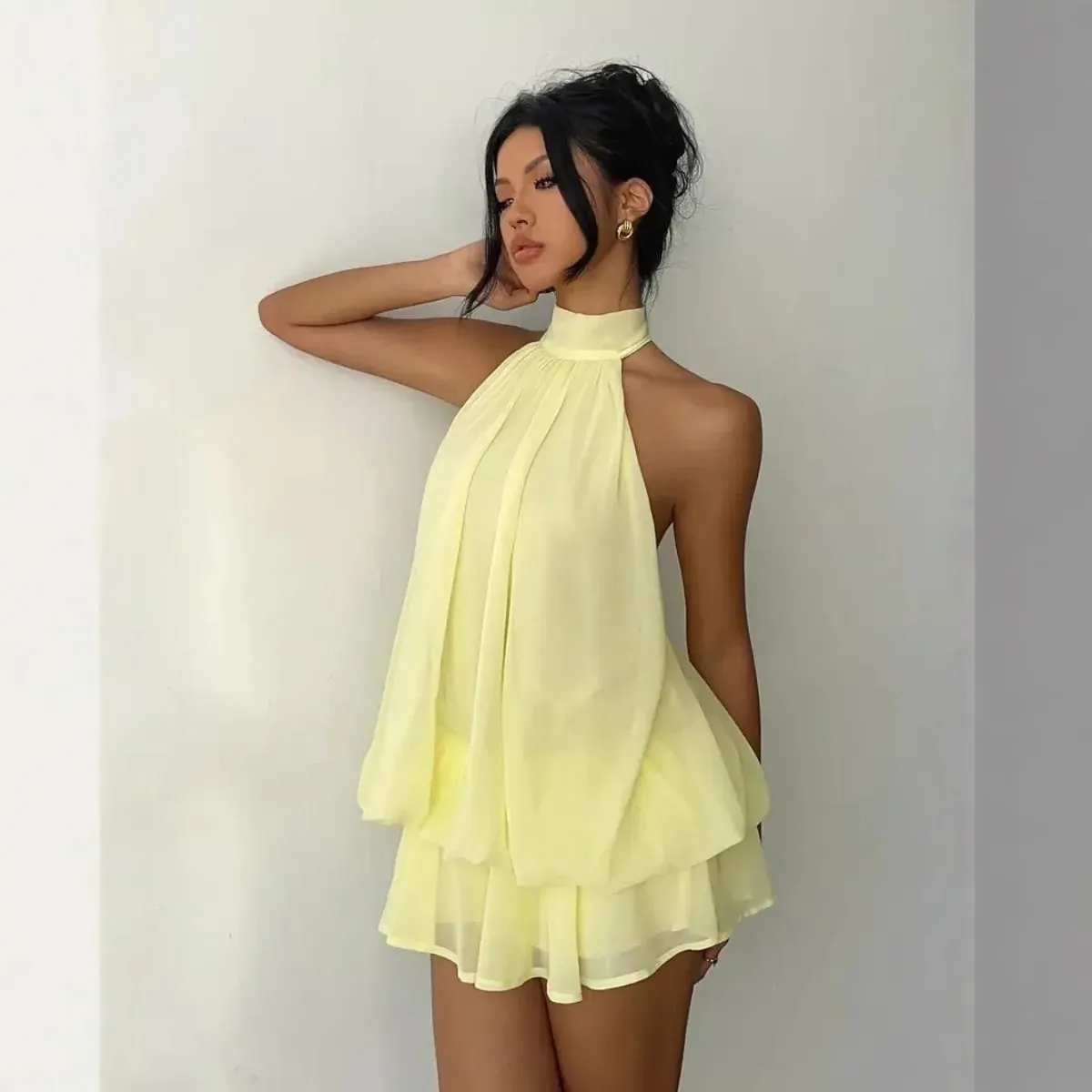 Women's Halter Neck Dress Backless Tie-Front Chiffon Sheer Mini Skirt Fashionable Sexy Y2K Vintage Cute Party Birthday Dress — image 3