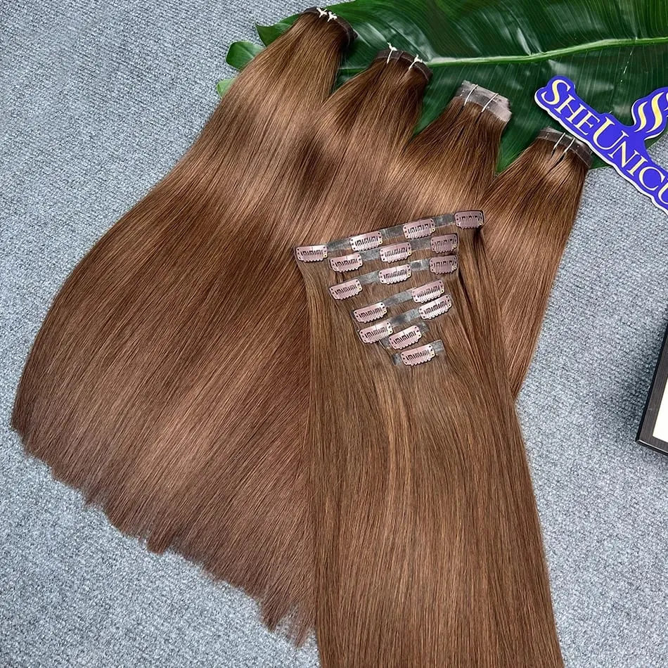 #2 Color Straight PU Clip Ins Hair Extensions 100% Human Hair 100g/Set 7pcs Seamless Invisible PU Weft Vietnam Hair For Women — image 3