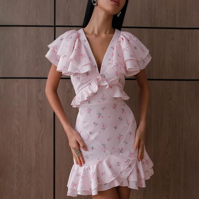 Talenza Elegant Printed Ruffle Dress Women's Summer Fashion Contrast V-Neck Patchwork Dress Vintage Party Women's Casual Dress